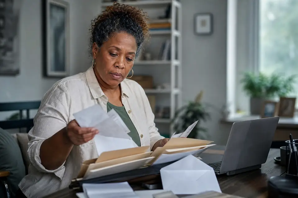 Woman organizing receipts and bank statements into folders at a home office desk